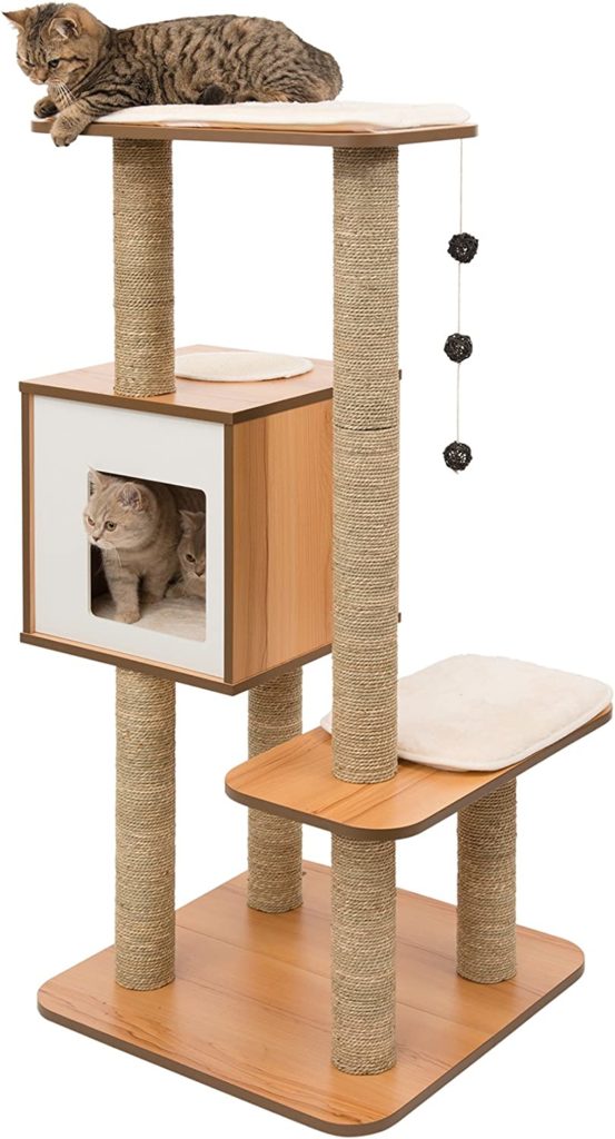 Vesper - Grand Arbre à chat design en noyer bois et blanc