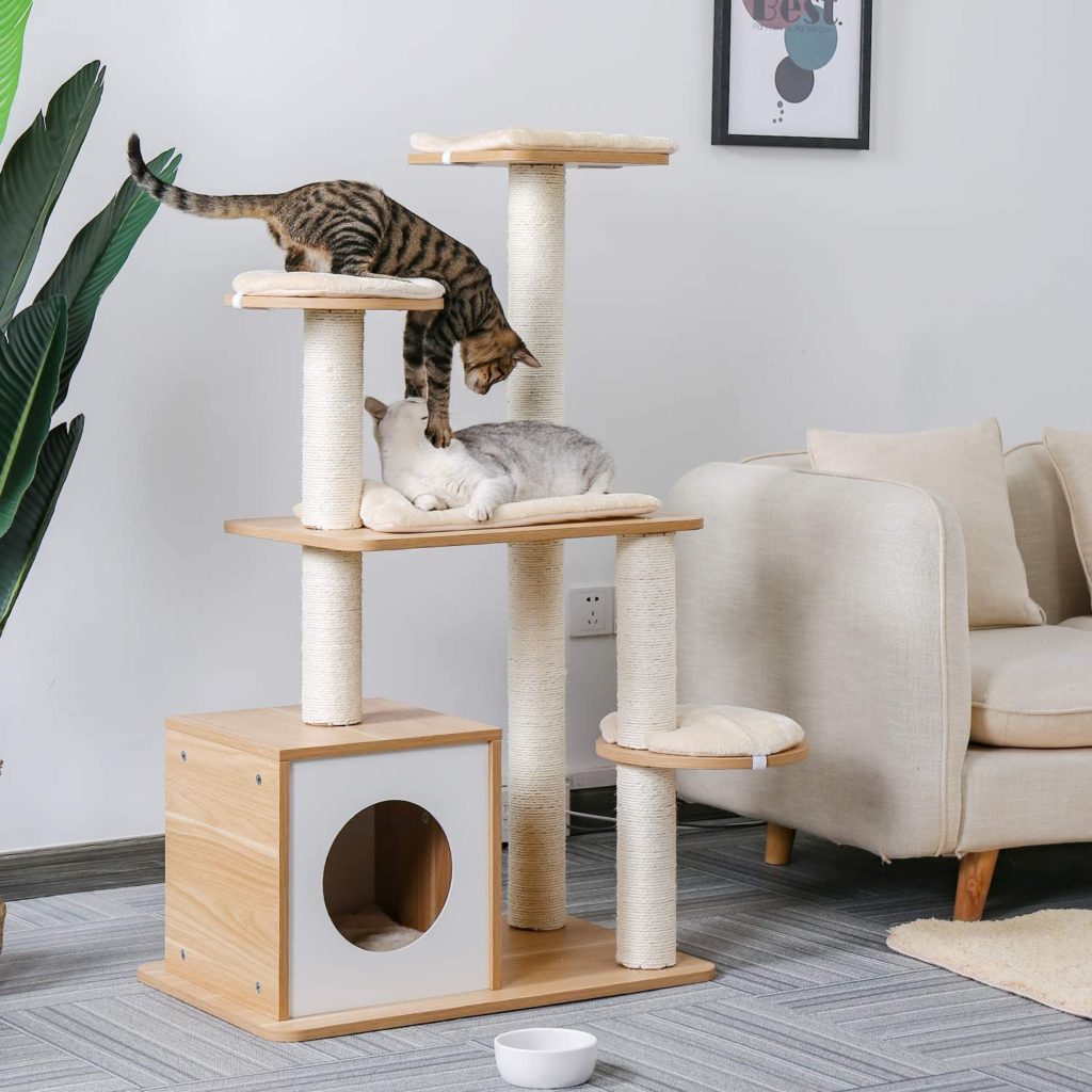 Pawz - Grand Arbre à chat pour Maine Coon design bois et blanc